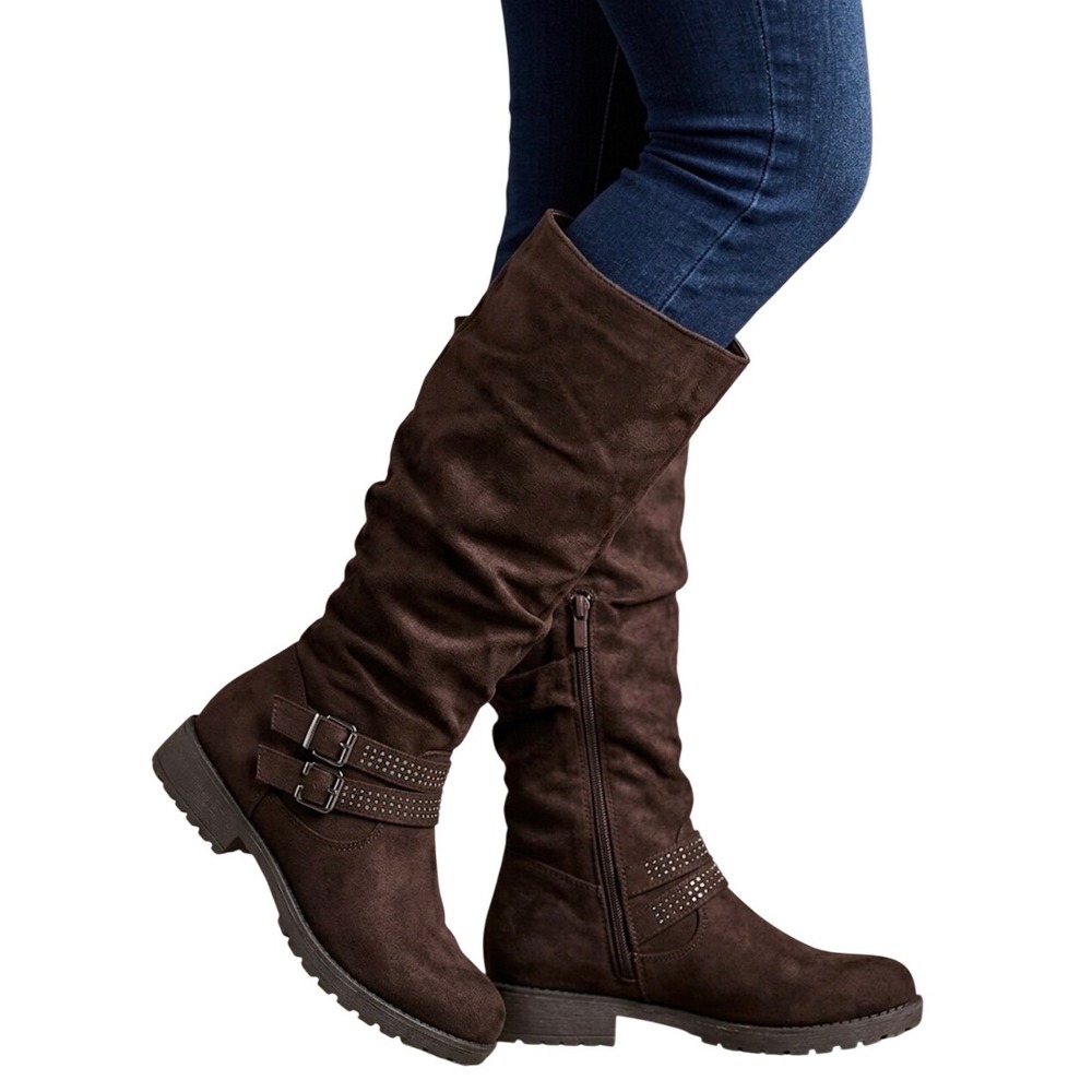 Wanted Brown Faux‎ Suede Slouch Knee High Studded Buckle Boots Size 5.5